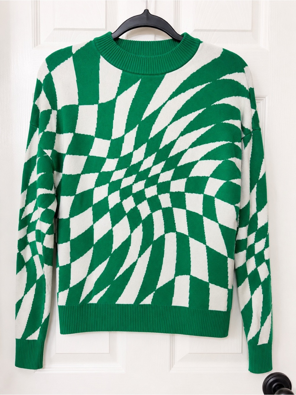 Edikted Green and White Optical-Print Crewneck Sweater